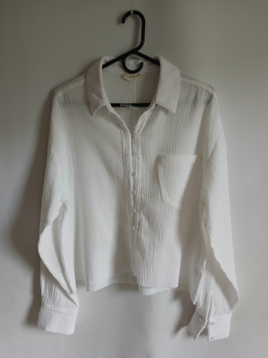 Altar'd State Tops - Altar'd State White Cotton Gauze Button-Up Oversized Blouse Frayed Hem